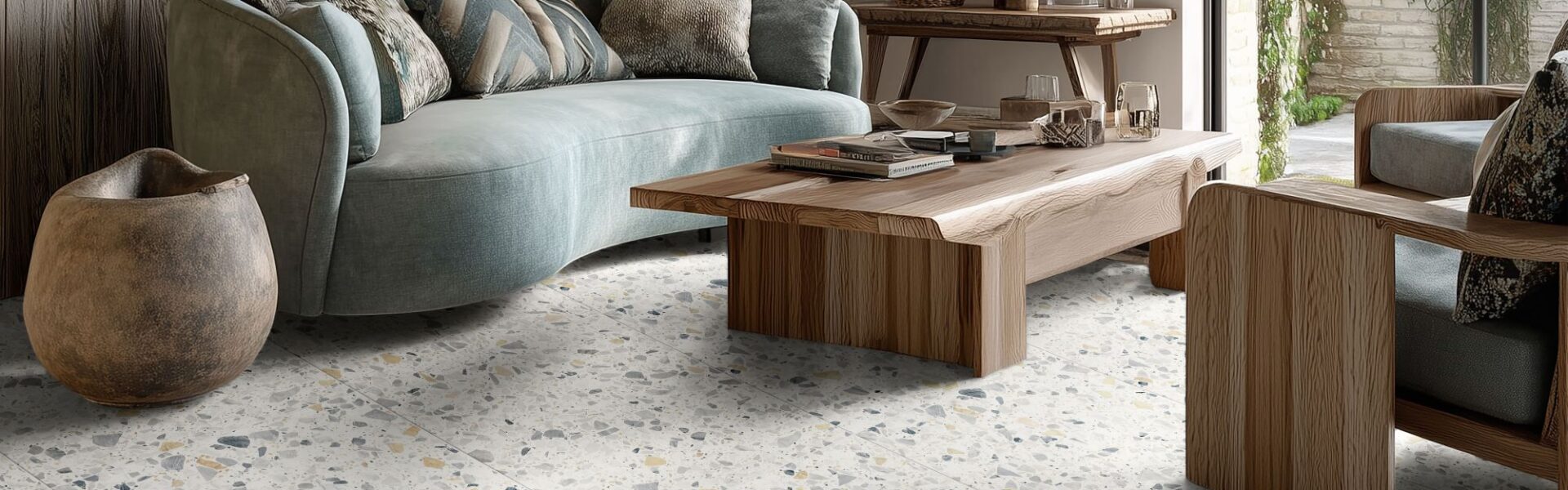 A modern living room featuring Venetica Terrazzo floor tiles with a white base and grey, blue, and gold chips. The room is styled with a curved sage green sofa, natural wood coffee tables and earthy organic decor.