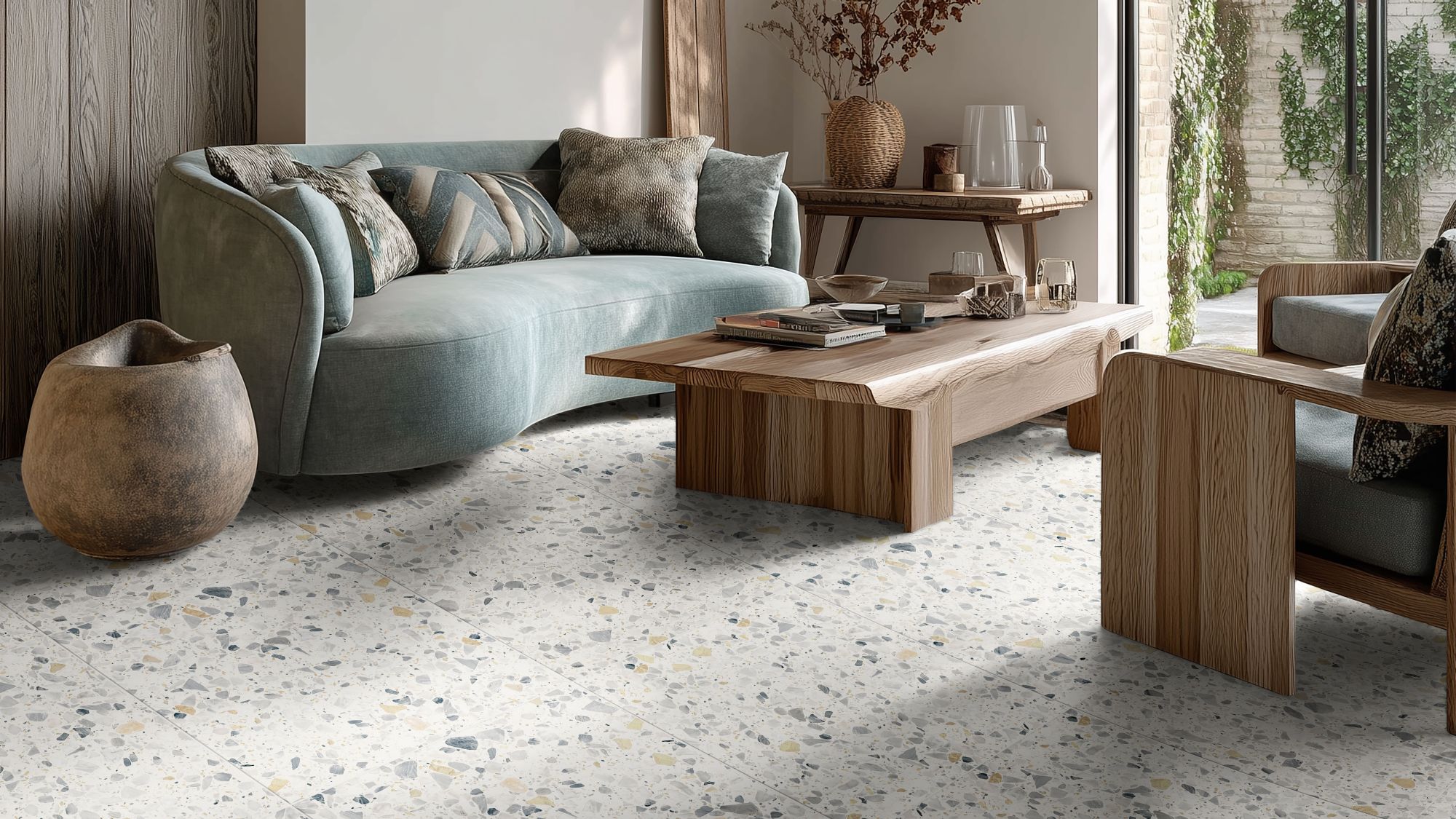 A modern living room featuring Venetica Terrazzo floor tiles with a white base and grey, blue, and gold chips. The room is styled with a curved sage green sofa, natural wood coffee tables and earthy organic decor.