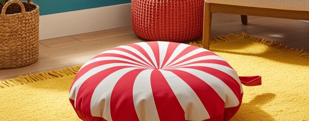 A red and white striped circular floor cushion sits on a textured yellow rug. In the background, there is a woven orange ottoman, a white armchair, and a wicker basket on a light wood floor against a teal wall.
