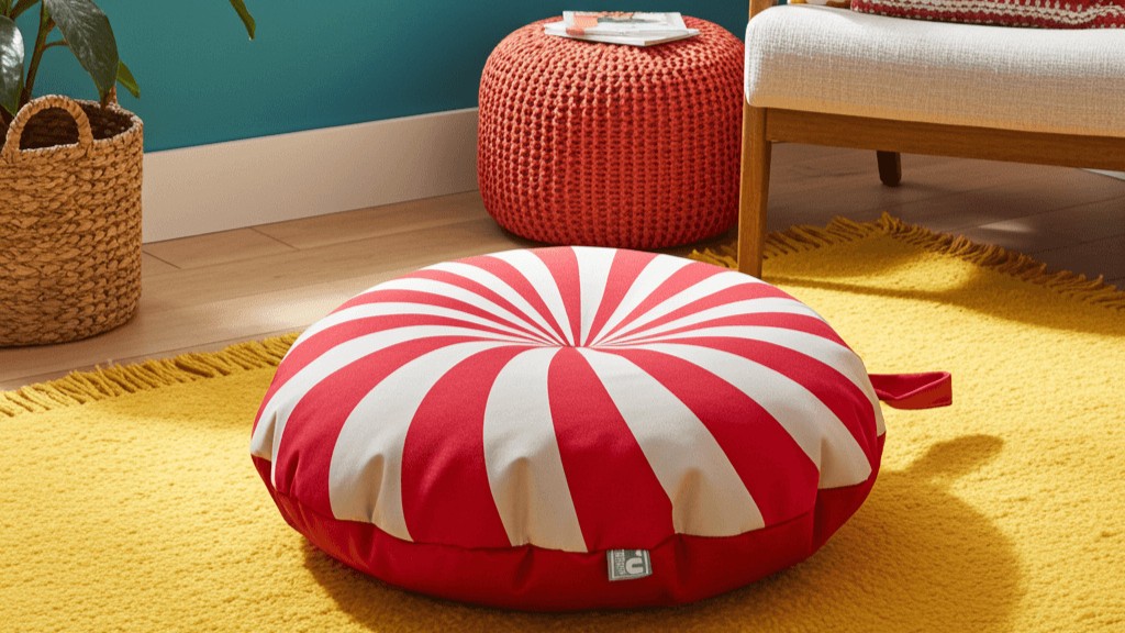 A red and white striped circular floor cushion sits on a textured yellow rug. In the background, there is a woven orange ottoman, a white armchair, and a wicker basket on a light wood floor against a teal wall.