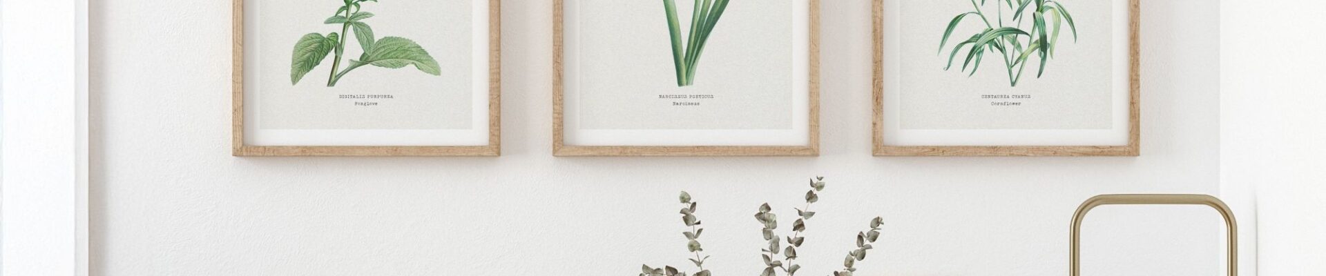 A trio of framed botanical art with Foxglove, Daffodils, and Cornflower prints hangs above a well-appointed light wood kitchen counter featuring assorted bowls, kitchen tools and a vase of eucalyptus.