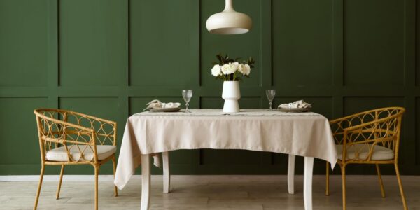 An elegant, eye-level wide shot of a dining area featuring a deep pepper tree green wainscoted wall. Centred in the room is a rectangular white wooden dining table draped with a light beige tablecloth, set with two minimalist place settings, crystal wine glasses, and a white vase holding white ranunculus flowers.