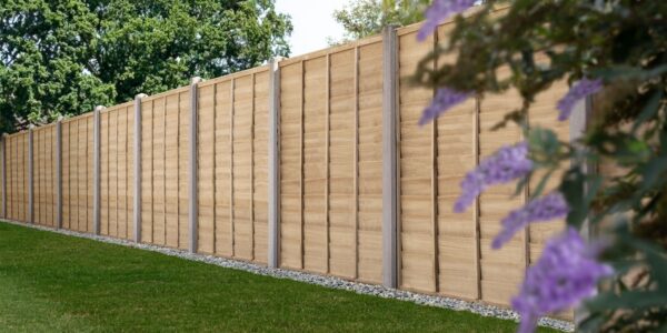 A line of light brown wooden privacy fencing panels is featured, accented by concrete posts that sit at intervals between each section.