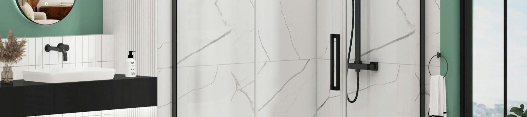 An offset quadrant shower enclosure with matt black frames and a single sliding door, installed in a modern bathroom. The enclosure features 8mm clear glass and is set against white marble-effect wall tiles.