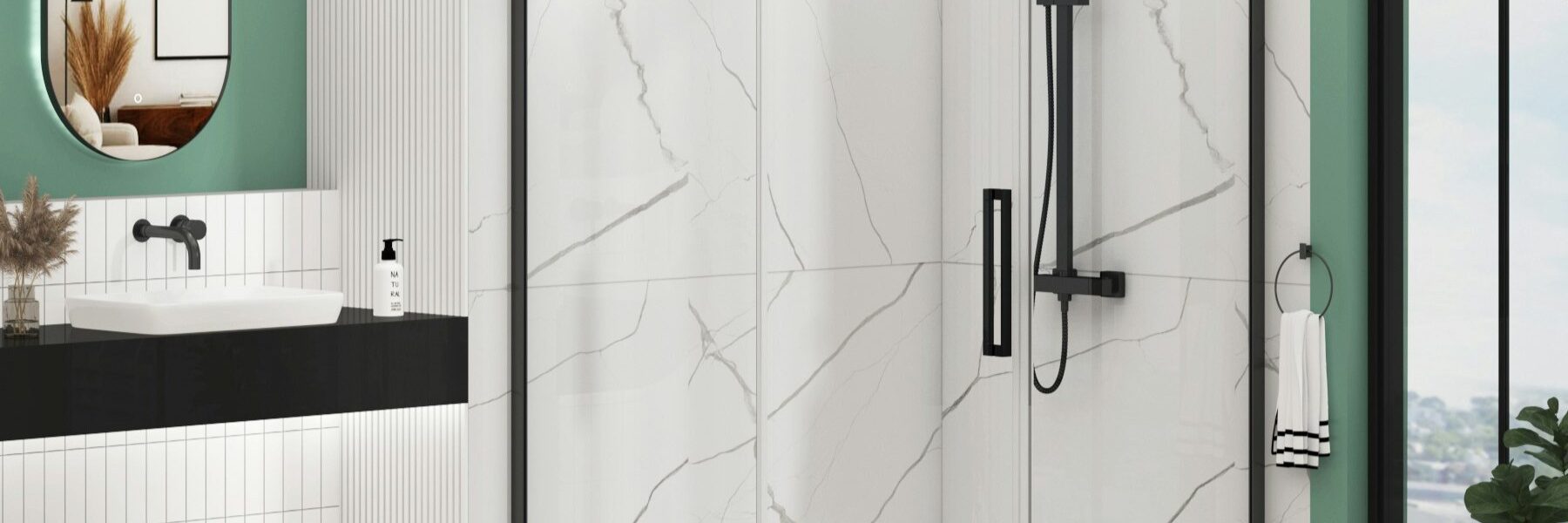 An offset quadrant shower enclosure with matt black frames and a single sliding door, installed in a modern bathroom. The enclosure features 8mm clear glass and is set against white marble-effect wall tiles.