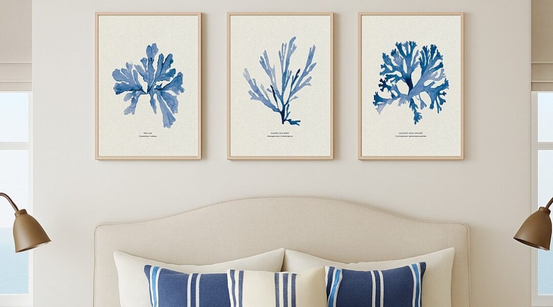 A wide landscape shot of a coastal-themed interior featuring a set of three botanical seaweed art prints hanging on an off-white wall. Below the artwork is a vibrant olive-green wainscoted wall, and in the foreground, a vintage-style brass bathtub faucet and shower head are partially visible, suggesting a sophisticated, spa-like bathroom setting. Soft, natural sunlight casts gentle shadows across the scene from the right.