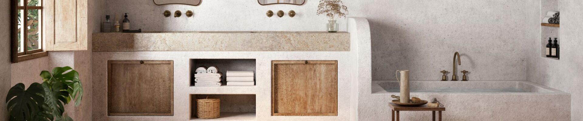 An interior photograph of a spacious, rustic-style bathroom featuring earthy tones and Mediterranean influences. The foreground is dominated by a chequerboard pattern of terracotta floor tiles in varying shades of burnt orange, tan, and cream.