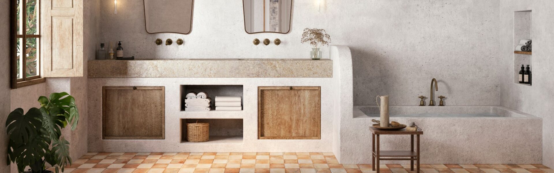 An interior photograph of a spacious, rustic-style bathroom featuring earthy tones and Mediterranean influences. The foreground is dominated by a chequerboard pattern of terracotta floor tiles in varying shades of burnt orange, tan, and cream.