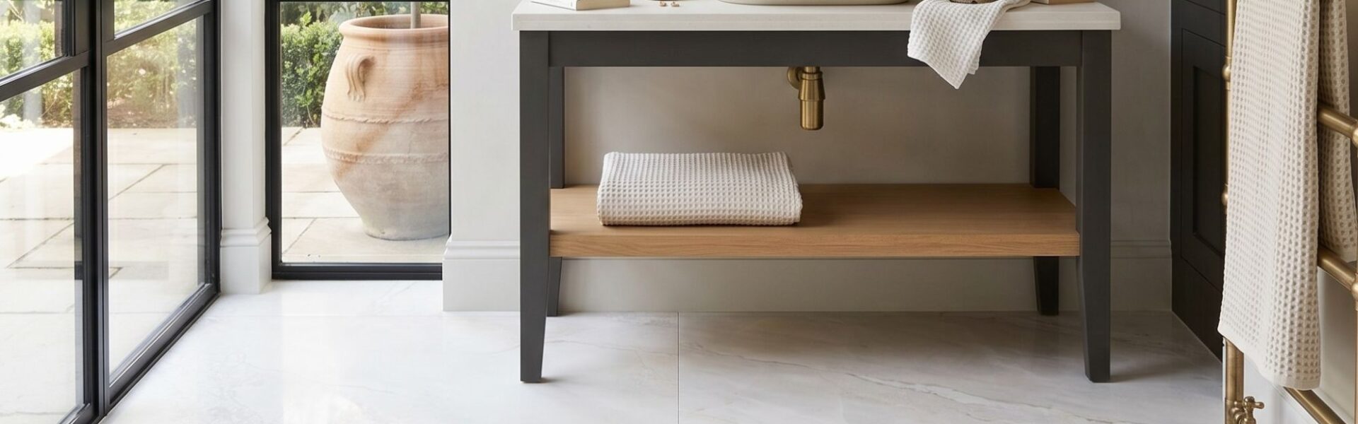 An elegant, brightly lit bathroom interior featuring large, high-gloss white marble floor tiles with subtle grey and gold veining