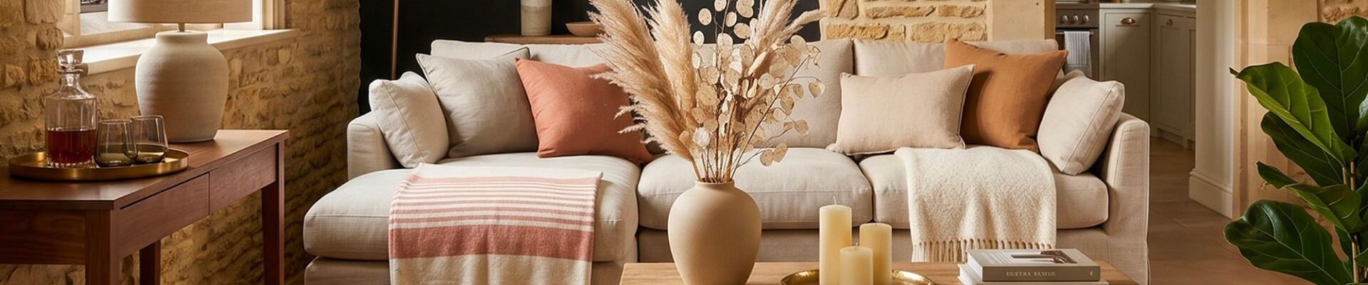 A warm, rustic living room featuring a light beige sectional sofa, a wooden coffee table with hairpin legs, exposed stone walls, and terracotta floor tiles.