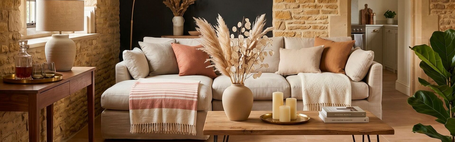 A warm, rustic living room featuring a light beige sectional sofa, a wooden coffee table with hairpin legs, exposed stone walls, and terracotta floor tiles.