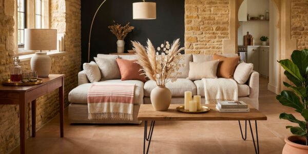 A warm, rustic living room featuring a light beige sectional sofa, a wooden coffee table with hairpin legs, exposed stone walls, and terracotta floor tiles.
