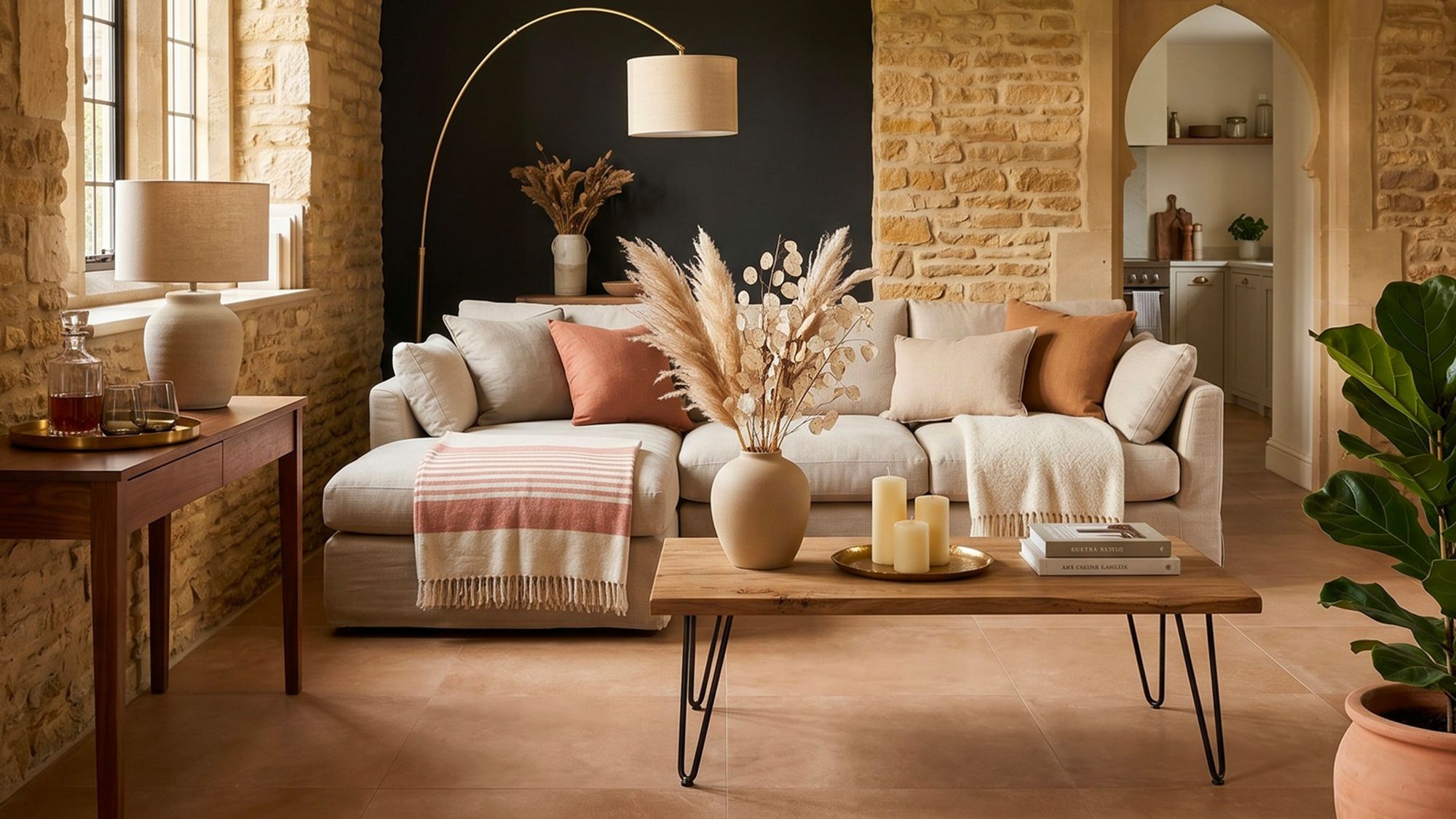 A warm, rustic living room featuring a light beige sectional sofa, a wooden coffee table with hairpin legs, exposed stone walls, and terracotta floor tiles.