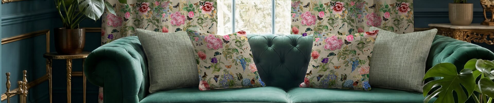 Carrie Neely for Terrys Paradise velvet floral curtains and matching cushions, styled with a teal velvet sofa in a maximalist living room with plants and gold accents. The fabric has Chinoiserie-inspired motifs of vintage florals, and botanicals.