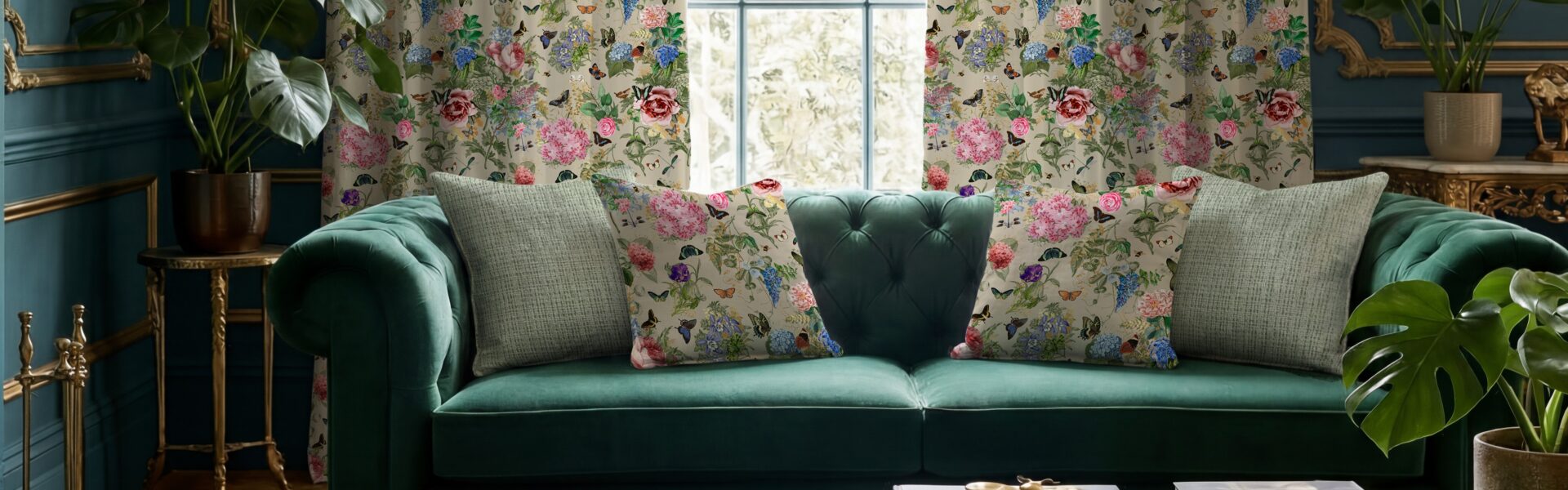 Carrie Neely for Terrys Paradise velvet floral curtains and matching cushions, styled with a teal velvet sofa in a maximalist living room with plants and gold accents. The fabric has Chinoiserie-inspired motifs of vintage florals, and botanicals.