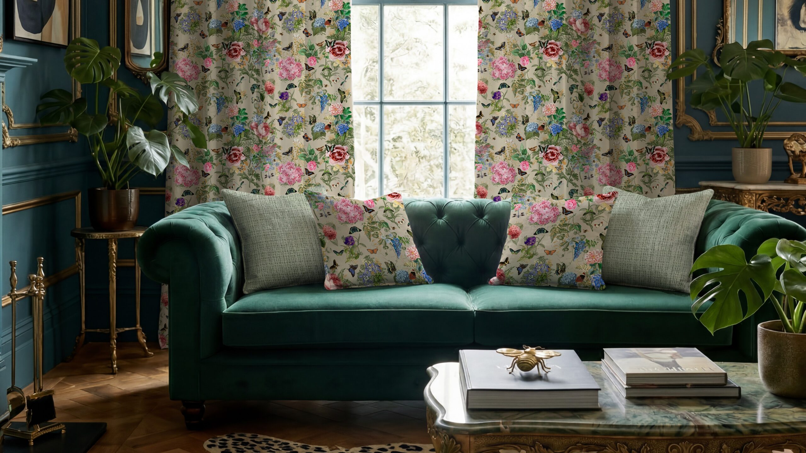 Carrie Neely for Terrys Paradise velvet floral curtains and matching cushions, styled with a teal velvet sofa in a maximalist living room with plants and gold accents. The fabric has Chinoiserie-inspired motifs of vintage florals, and botanicals.