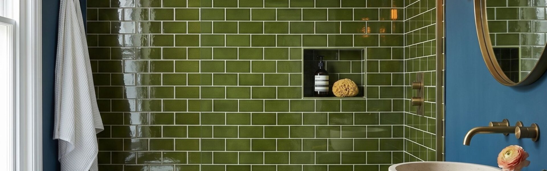 A modern bathroom featuring a shower clad in glossy olive green subway tiles with a built-in niche holding a soap bottle and sponge. To the right, a round stone vessel sink sits on a blue vanity next to brass hardware, a lit candle, and a round mirror reflecting a double-bulb wall sconce.