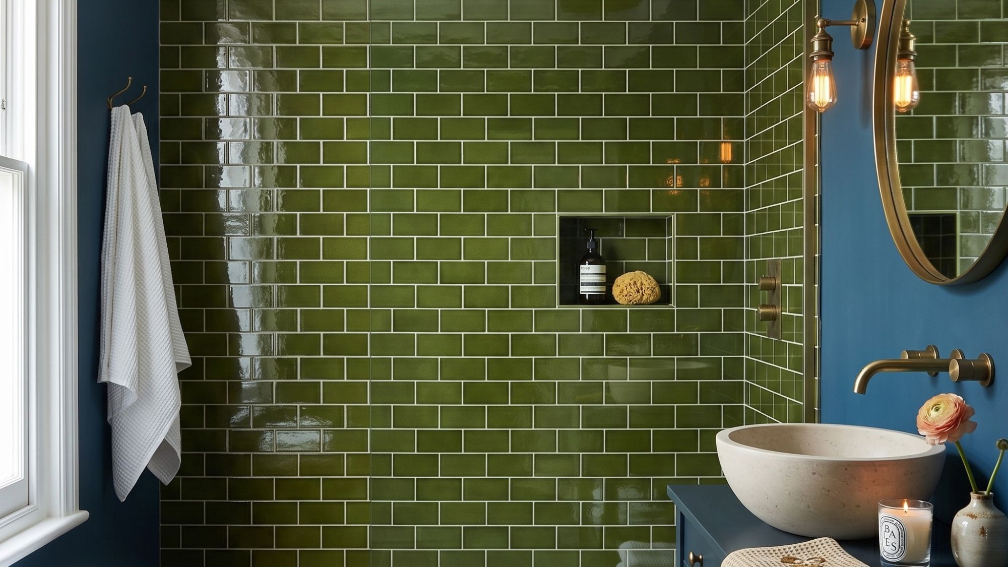A modern bathroom featuring a shower clad in glossy olive green subway tiles with a built-in niche holding a soap bottle and sponge. To the right, a round stone vessel sink sits on a blue vanity next to brass hardware, a lit candle, and a round mirror reflecting a double-bulb wall sconce.