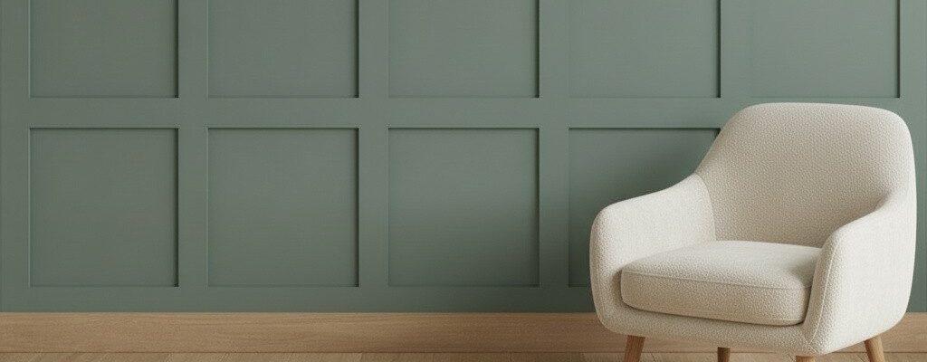 A sage green wall featuring a classic square Shaker-style wood panelling kit. A modern cream upholstered armchair with light wood legs sits on a light oak wood floor in front of the panelled wall.