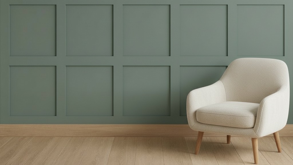 A sage green wall featuring a classic square Shaker-style wood panelling kit. A modern cream upholstered armchair with light wood legs sits on a light oak wood floor in front of the panelled wall.