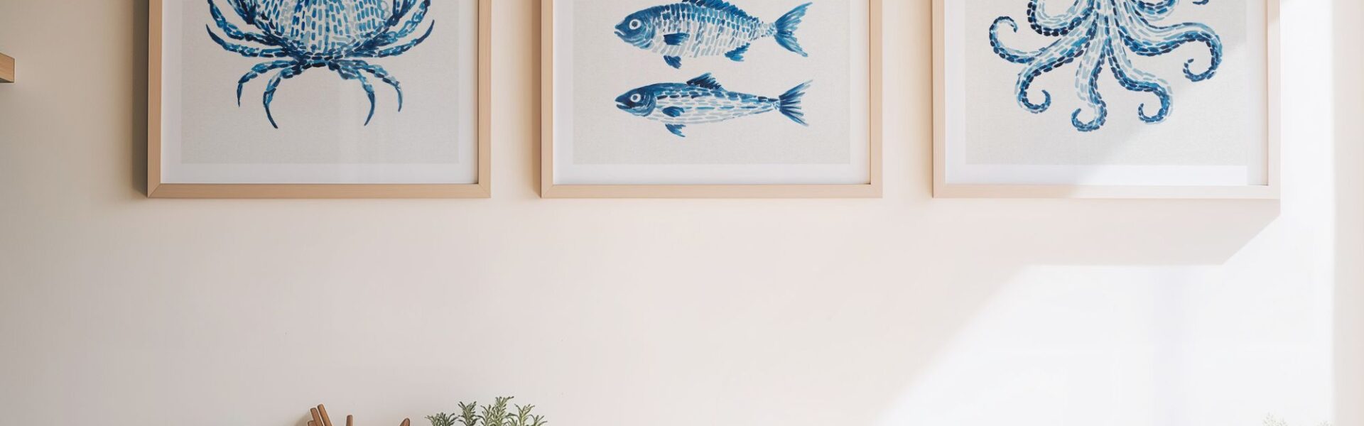 Three square, light-wood framed art pieces hang on a neutral beige wall above a kitchen countertop. Each frame features a watercolor-style illustration in shades of blue against a white background, depicting marine life: a crab on the left, three stacked fish in the center, and an octopus on the right.