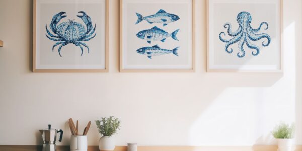 Three square, light-wood framed art pieces hang on a neutral beige wall above a kitchen countertop. Each frame features a watercolor-style illustration in shades of blue against a white background, depicting marine life: a crab on the left, three stacked fish in the center, and an octopus on the right.