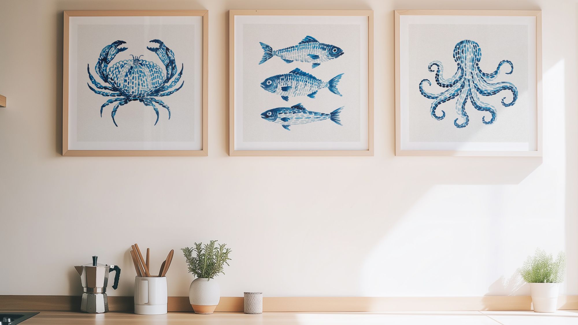 Three square, light-wood framed art pieces hang on a neutral beige wall above a kitchen countertop. Each frame features a watercolor-style illustration in shades of blue against a white background, depicting marine life: a crab on the left, three stacked fish in the center, and an octopus on the right.