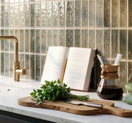 A modern kitchen countertop with a white marble surface, featuring a brass faucet, an open cookbook, a wooden cutting board with fresh parsley and a chef's knife, a Chemex coffee maker, and glossy, vertical green tiled backsplash.
