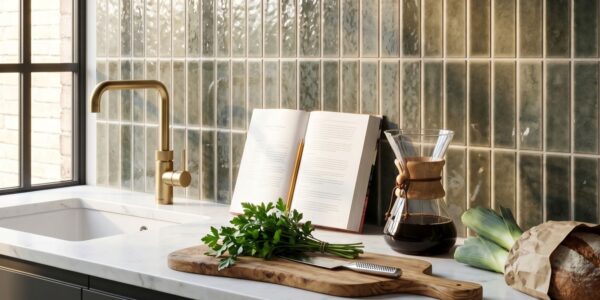 A modern kitchen countertop with a white marble surface, featuring a brass faucet, an open cookbook, a wooden cutting board with fresh parsley and a chef's knife, a Chemex coffee maker, and glossy, vertical green tiled backsplash.