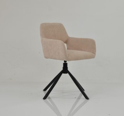 Odense swivel dining chair in natural cream fabric with an upholstered bucket seat and black splayed metal legs