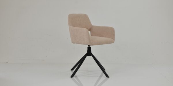 Odense swivel dining chair in natural cream fabric with an upholstered bucket seat and black splayed metal legs