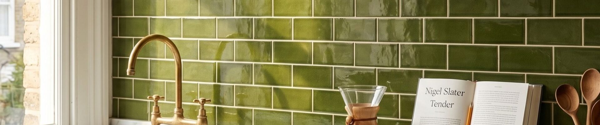 A bright kitchen backsplash featuring glossy olive green subway tiles behind a white marble countertop with a brass faucet and coffee carafe