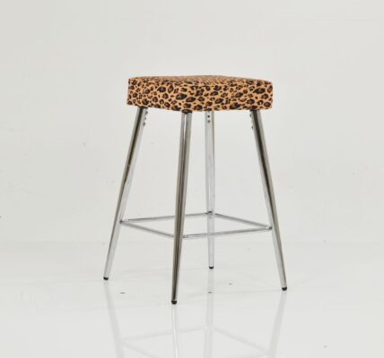 Modern bar stool featuring a square leopard print upholstered seat and polished chrome legs with a footrest.