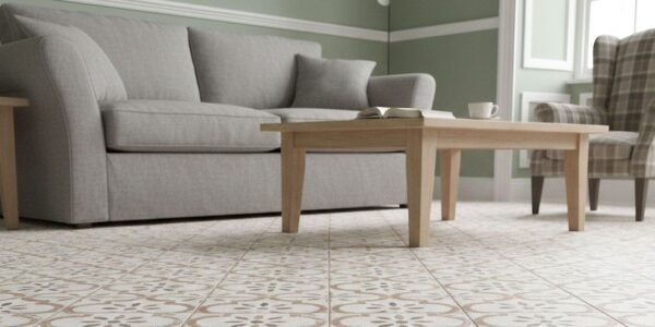 Living room with light patterned Salcombe Cotto floor tiles, featuring a grey couch, a light wood coffee table with an open book, sage green walls, and a plaid armchair by the window.