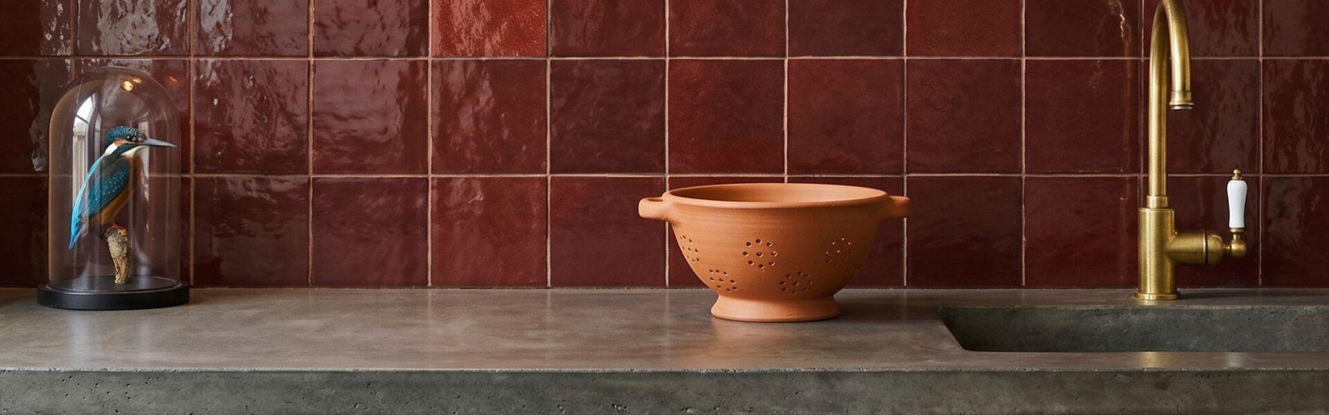 Glossy ruby-red square tiles backsplash in a kitchen with a concrete countertop, terracotta colander, and brass tap.