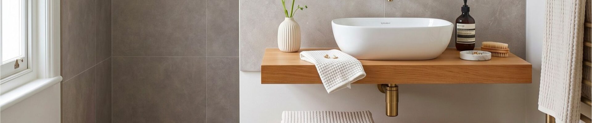 A modern bathroom featuring double floating wooden shelves, a white vessel sink, brushed brass wall-mounted fixtures, and grey wall and floor tiles.