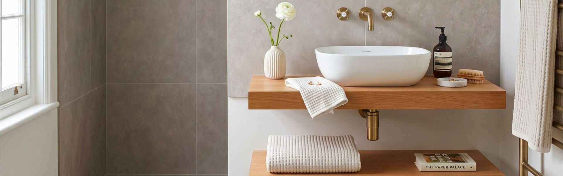 A modern bathroom featuring double floating wooden shelves, a white vessel sink, brushed brass wall-mounted fixtures, and grey wall and floor tiles.