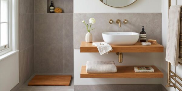 A modern bathroom featuring double floating wooden shelves, a white vessel sink, brushed brass wall-mounted fixtures, and grey wall and floor tiles.