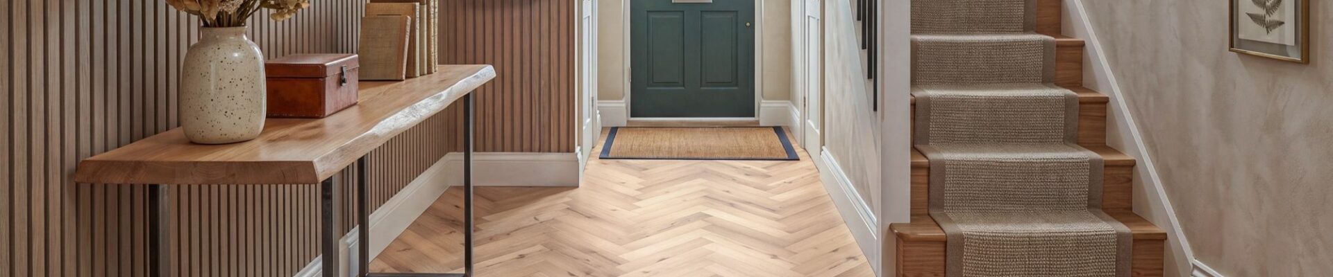 Bright and stylish hallway featuring burnished oak herringbone LVT flooring, a live-edge console table with dried florals, slatted wood accent walls, and a staircase with a textured runner leading to a dark green front door