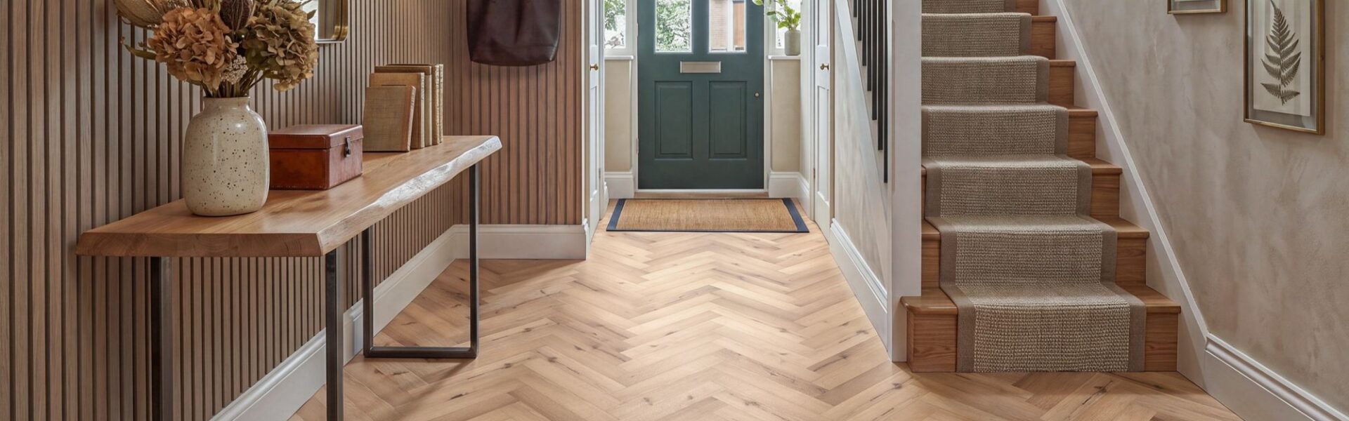 Bright and stylish hallway featuring burnished oak herringbone LVT flooring, a live-edge console table with dried florals, slatted wood accent walls, and a staircase with a textured runner leading to a dark green front door