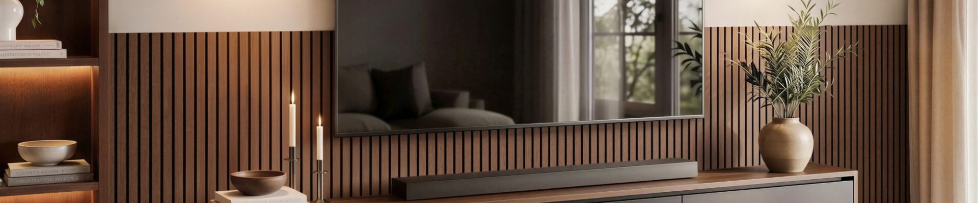 A modern living room featuring wenge slatted wood veneer panels on the lower half of the wall, with a large wall-mounted flat-screen television and a floating dark media console beneath it.