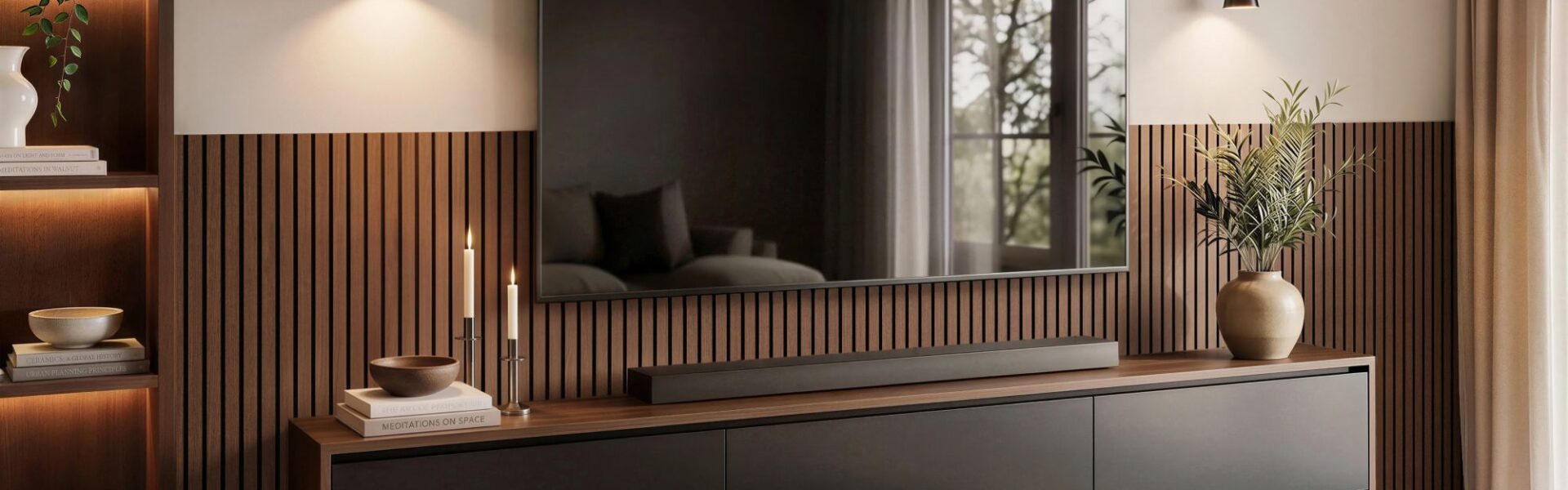 A modern living room featuring wenge slatted wood veneer panels on the lower half of the wall, with a large wall-mounted flat-screen television and a floating dark media console beneath it.