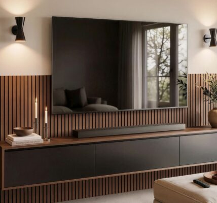 A modern living room featuring wenge slatted wood veneer panels on the lower half of the wall, with a large wall-mounted flat-screen television and a floating dark media console beneath it.