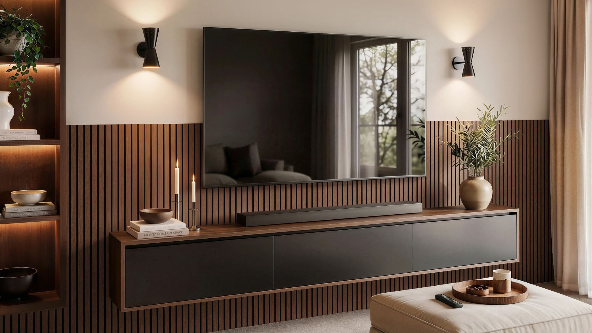 A modern living room featuring wenge slatted wood veneer panels on the lower half of the wall, with a large wall-mounted flat-screen television and a floating dark media console beneath it.